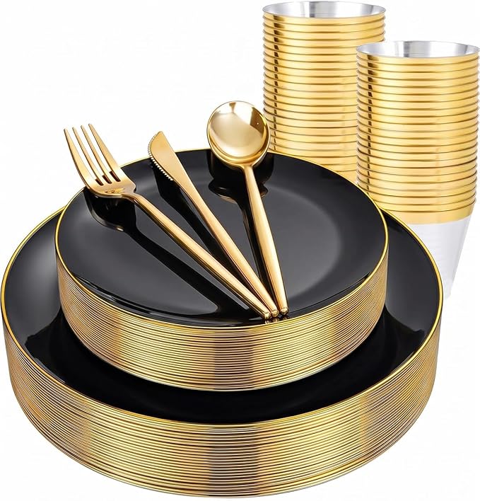 bUCLA 150PCS Black and Gold Plastic Plates - Black Gold Plastic Dinnerware Set Disposable - Include 25 Dinner / 25 Dessert Plates, 25 Knives, 25 Forks, 25 Spoons, 25 Cups, Ideal for Party & Graduation