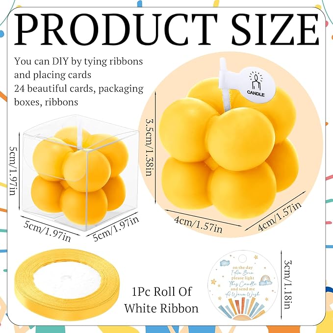 MTLEE 24 Sets Here Comes the Son Baby Shower Favors Small Bubble Candle for Guests Tea Candles Bulk with Stylish Ribbons Cards Gifts Party Decoration(Yellow, Sun)