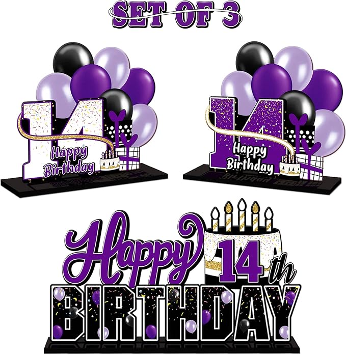 LINGTEER Happy 14th Birthday Purple Acrylic Table Topper Centerpieces Set - Cheers to Fourteen Years Old Birthday 14th Bday Party Gift Decorations.