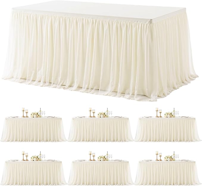 6 Pack 6ft Ivory Tulle Tablecloths for Rectangle Tables 6 Foot Ivory Rectangular Table Cloth Wrinkle Free Tablecover with Tutu Skirt for Wedding Baby Shower Birthday Party Banquet Buffet Cake