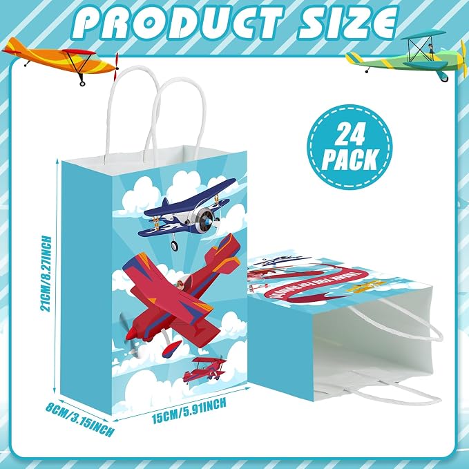Outus 24 Pcs Airplane Party Favor Bags Airplane Gift Goodie Paper Bags with Handles Blue Plain Candy Treat Pouch for Birthday Party Decorations Supplies