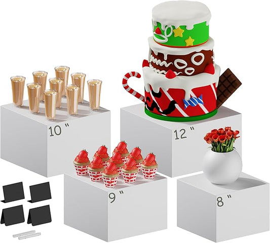 4 PCS 12" to 8" White Buffet Risers with Mini Sign and Makers, Large Food Risers for Buffet Table, Display Shelf Stands for Party, Catering, Dessert, Jewelry Collectibles, Nesting Cube Boxes with Hollow Bottoms Set (12",10",9",8")
