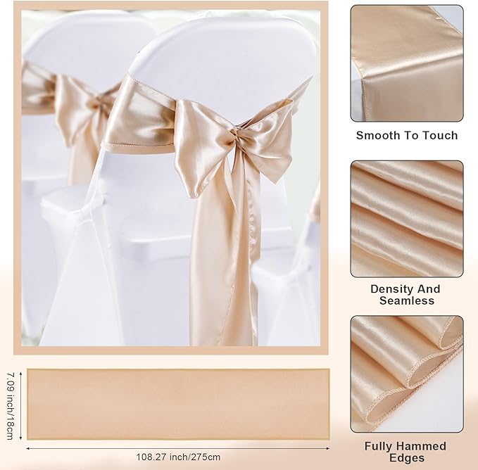 Lounsweer 50 Pcs Folding Chair Cover Set with 25 Stretch Spandex Slipcovers 25 Satin Chair Sashes Bows Ribbon Washable Banquet Protector for Wedding Event Party(White, Light Champagne)