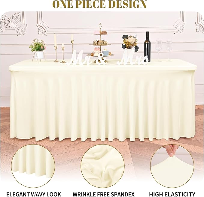 fani 6 Packs Ivory Stretch Table Skirts for 6 Foot Rectangle Table, Washable Spandex Stretch Tablecloths with Skirt, Wrinkle Resistant Fitted Tablecover for Wedding Party Banquet