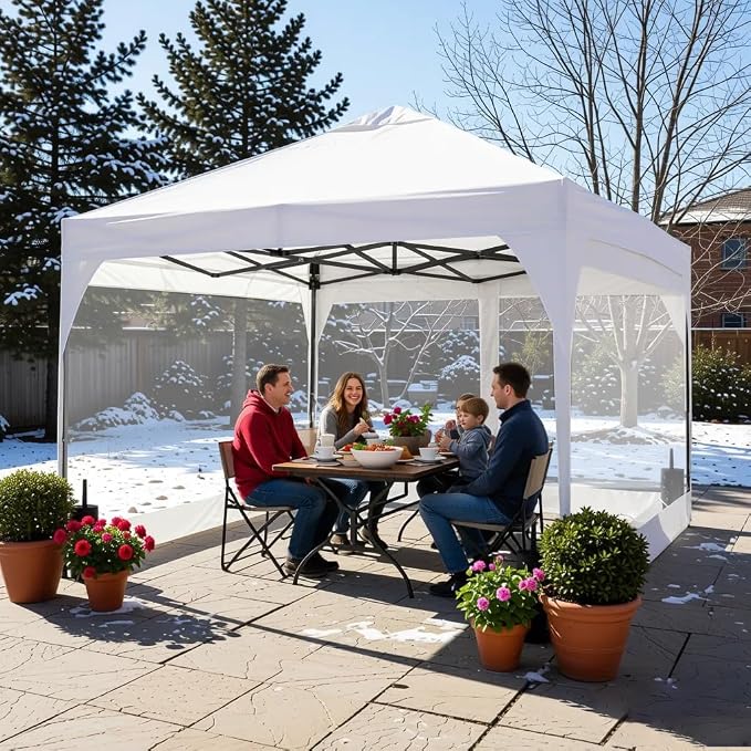 10x10FT Canopy Tent, 1-Button Push Instant Pop Up Canopy with 4 Sandbags, Easy Setup Outdoor Gazebo Shelter (White, 10x10 with PVC Sidewalls)