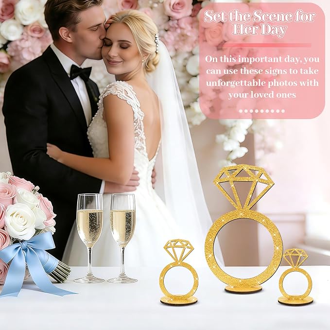 3 PCS Bridal Shower Centerpieces for Tables Diamond Ring Sign Table Centerpieces Gold Glitter Wooden Diamond Ring Sign Decor for Wedding Anniversary Supplies Batcholette Engagement Party