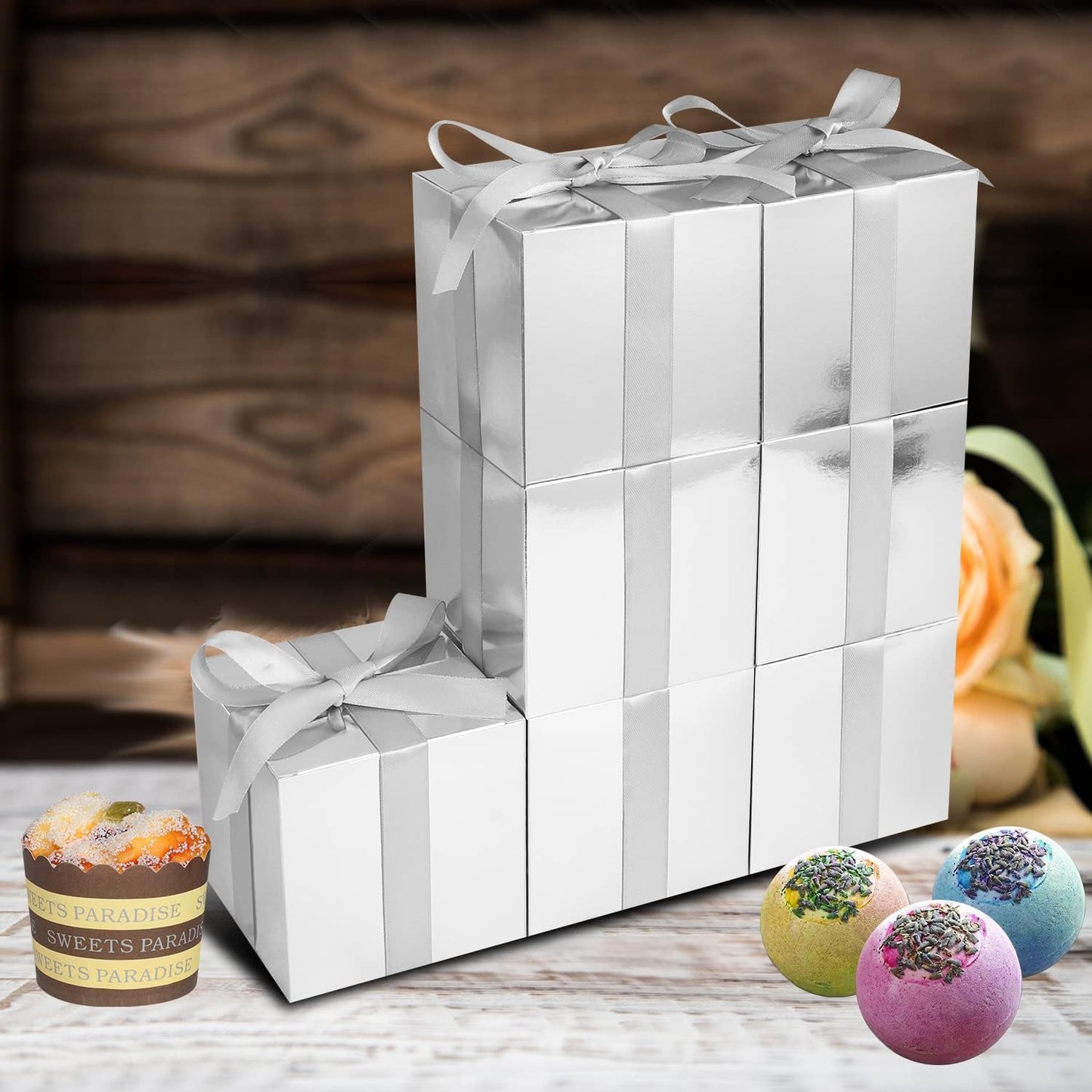 100 Pack Small Gift Boxes, 3x3x3 Inches Favor Boxes Silver Paper Gift Boxes with Lids for Presents, Crafting, Cupcake Boxes, Gifts, Candy Boxes for Wedding Party Bridal Shower Baby Shower Favors
