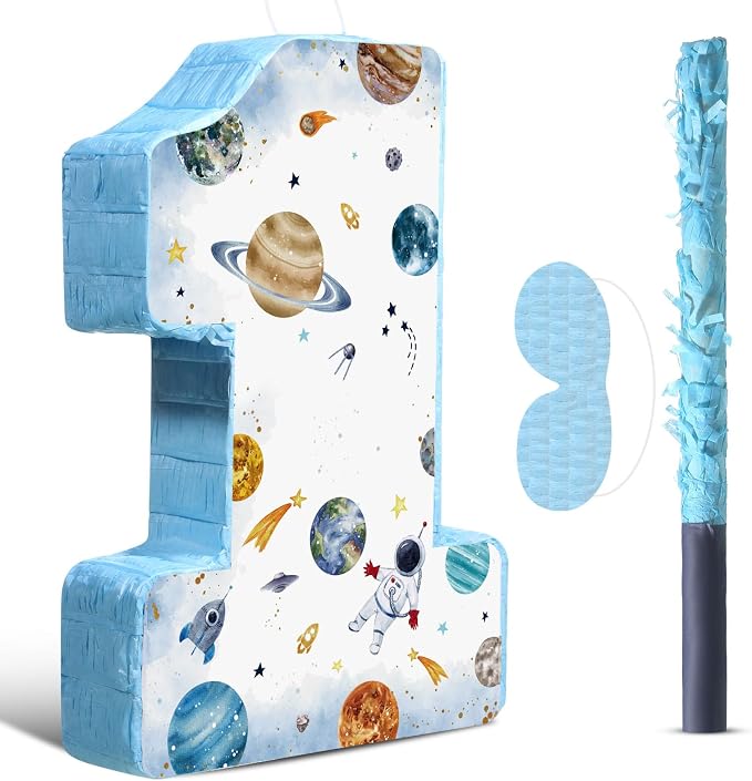 Blosssound Space Piñata Space 1st Birthday Party Decorations Supplies Number One Piñata Set with Stick Blindfold for Astronaut Planet Theme Birthday Baby Shower Celebration Decorations Supplies