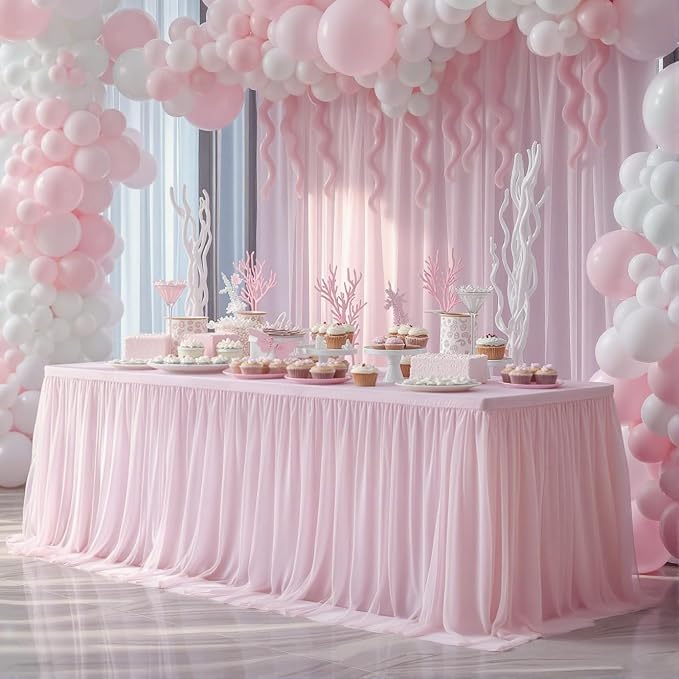 2-in-1 Pink Tablecloths for 8 Foot Rectangle Tables with Tulle Table Skirt Wedding Table Cover Stretchy Fitted Ruffle Tutu Tablecloth for Baby Shower Reception Birthday Parties Celebration Banquet