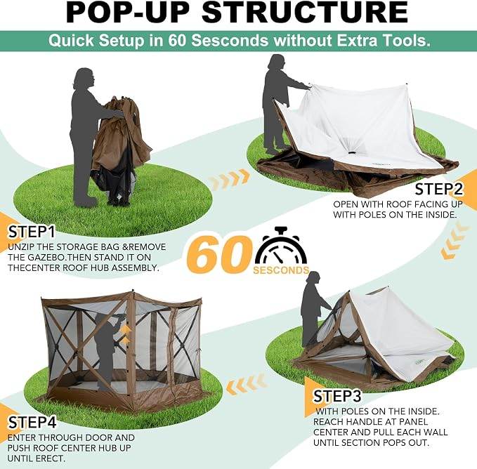 COBIZI 10x10 FT Pop up Gazebo, Popup Canopy Tent, Screened in Gazebos, Waterproof Portable Outdoor Small Screen Tents Sun Shelter,carpas para Patio for Camping, Garden and Backyard,Brown