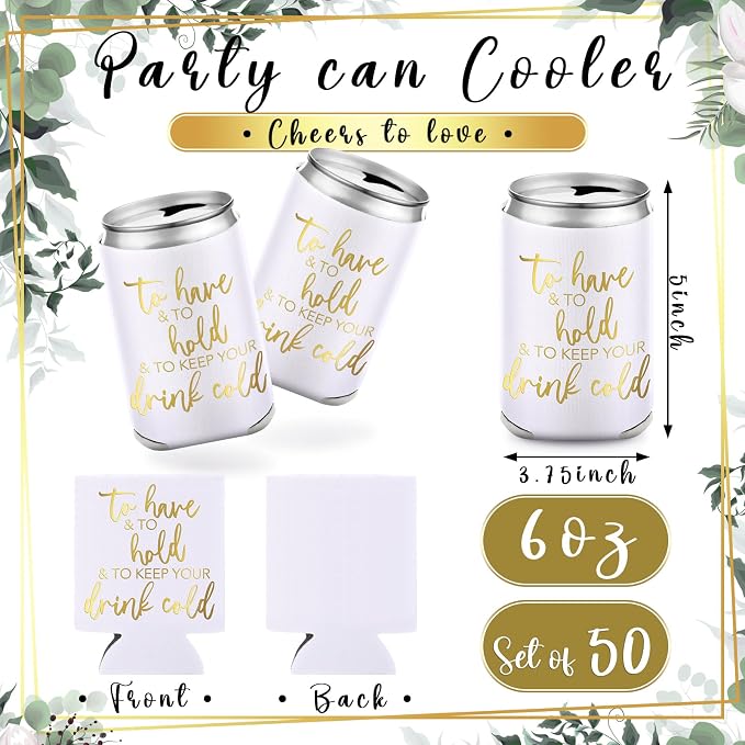 Hoteam 25 Sets White Wedding Party Favors for Guests Bulk Including Can Cooler and Paper Folding Fans with Wedding Decor Table Sign Cheers to Love for Bridal Shower Party Souvenir(Classical)