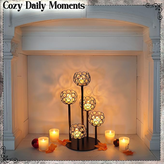5-Arm Crystal Tealight Candelabra Centerpiece, 14.8 Inch Metal Candle Holder for Table Decor, Wedding, Christmas, Party, Anniversary & Home Decoration (4, Black, S-14.8 in)