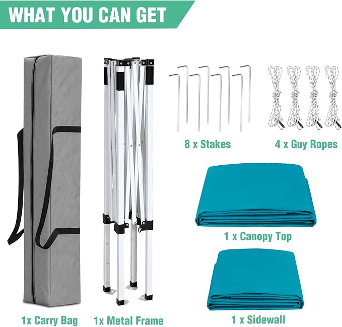 5x5 Pop Up Canopy Tent with One Sidewall, Instant Portable Beach Canopy, Outdoor Tent with Carry Bag for Camping, Sports, Tailgating, Events, Turquoise
