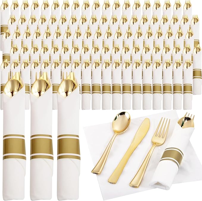 Supernal 120Pack Gold Plastic Silverware Wrapped Plastic Cutlery Set with Napkin,Pre Rolled Napkins with Cutlery Set,Rolled Silverware Disposable For Valentine's Day Mother's Day and Easter