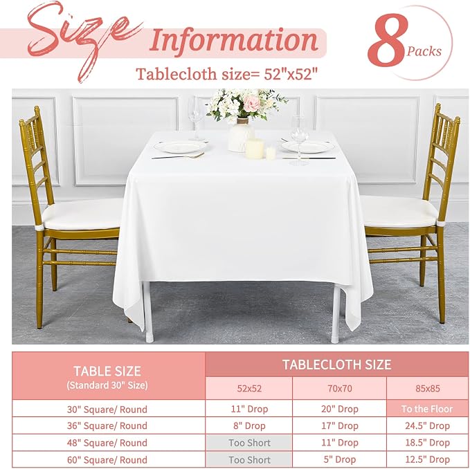Showgeous 8 Pack White Square Tablecloth 52 x 52 Inch, Wrinkle Resistant Washable Polyester Fabric Table Cloth for Wedding Dining Parties Restaurant Card Table