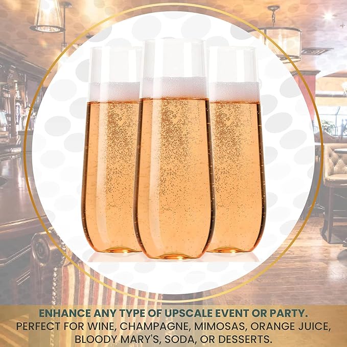 45 Plastic Stemless Champagne Flutes - Disposable Unbreakable toasting glasses, 45 pack | Clear Fancy Shatterproof & Reusable 9 Oz Champagne glass, BPA free - Ideal for Weddings, Birthdays, Parties
