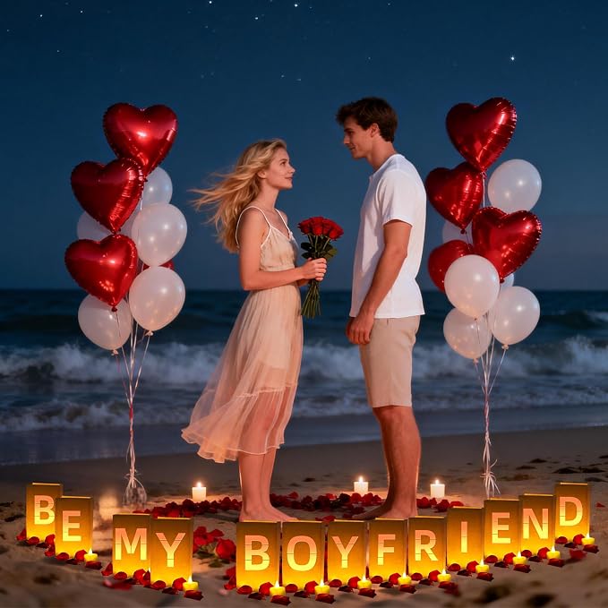 Be My Boyfriend Light Up Letters, Include Light up Letters, with Tea Lights Candles, Latex Balloons, Aluminum Balloons and Rose Petals, Anniversary and Valentines' Day Decorations for Women