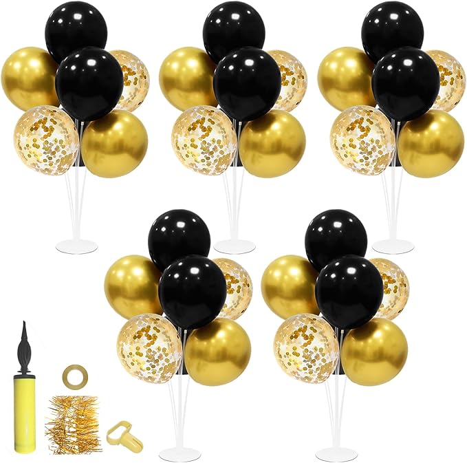 ZJDHPTY 5Set Black and Gold Balloon Stand Centerpiece Table Decorations | Milestone 60th 70th 40th 50th Birthday Decorations,Graduation Retirement Wedding Anniversary New Years Eve Party Supplies