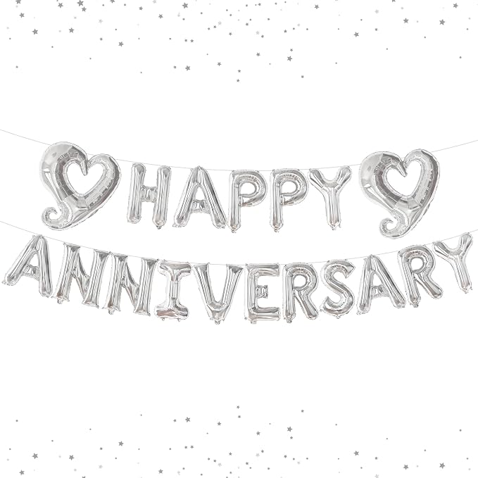 KatchOn, Silver Happy Anniversary Balloons Letters - Huge, 18 Inch | Silver Happy Anniversary Balloon Banner | 1000 Pcs Artificial Red Rose Petals - Silk, Fake Rose Petals for Romantic Night