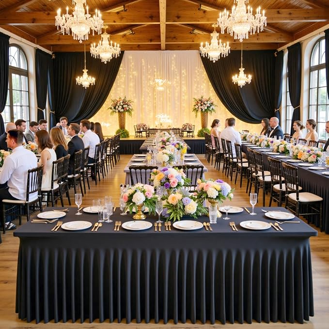 Outpain Spandex Tablecloth for 6 Foot Rectangle Tables, 2 Pack Black Wrinkle Free Fitted Table Cloths 6ft Stretchy Banquet Table Clothes Cover Desk Skirt for Birthday Wedding Parties Baby Shower