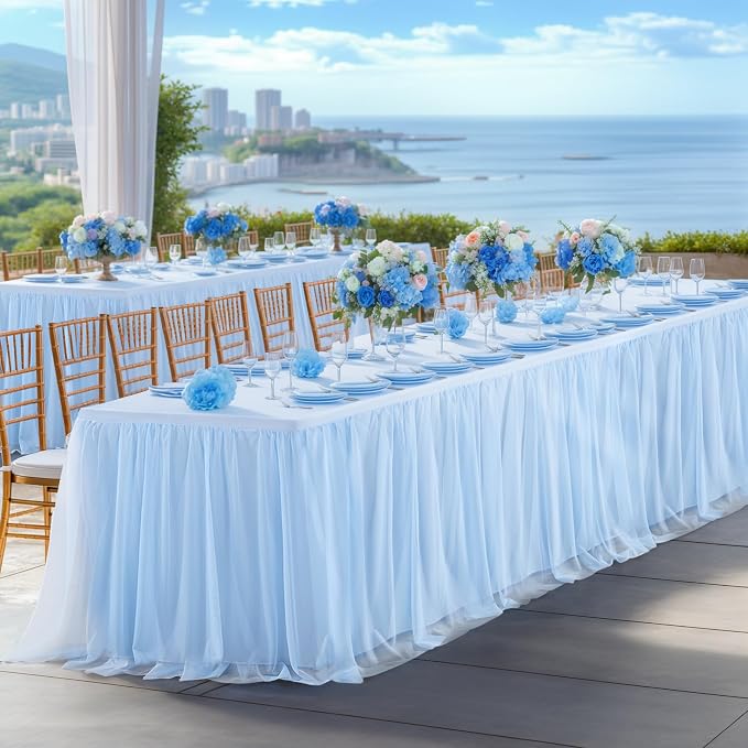 Baby Blue Tulle Tablecloth Table Skirt for 6 Foot Rectangle Tables, Baby Shower Blue Table Cloths Ruffle Tutu Table Skirt Stretch Fitted Table Covers for Wedding Birthday Party Reception Celebration