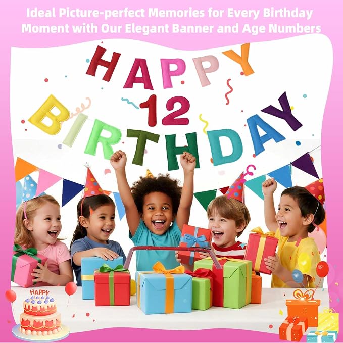Pre-strung Felt Happy Birthday Banner Decorations for Women Men | 3D Rainbow Birthday Party Decorations Sign with Replaceable Numbers 0-9,Multicolor Felt Ball&Triangle Flags Garland (Rainbow)