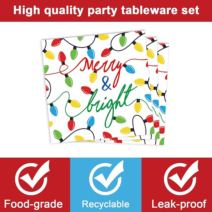 ZOIIWA 96PCS Merry Christmas Party Tableware Set Christmas Lights Party Supplies Merry and Bright Disposable Dinnerware Plates Napkins Forks with Holiday String Lights for Xmas Birthday Favors
