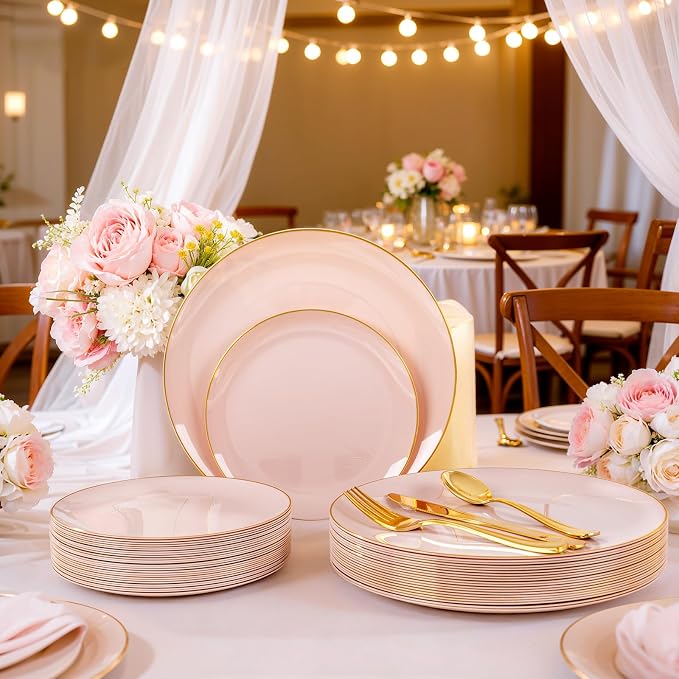 YOUBET 125PCS Pink Plastic Plates - Pink Disposable Plates With Gold Rim - Pinks and Gold Plates Include 25 Dinner Plates, 25 Dessert Plate, 75 Cutlery for Party Wedding Birthday