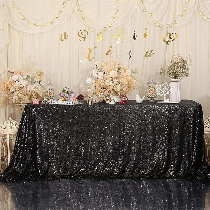 Eternal Beauty Black Tablecloth, 60x120 Inch Sequin Rectangle Table Cover for Cake Dessert Exhibition Party Birthday Events