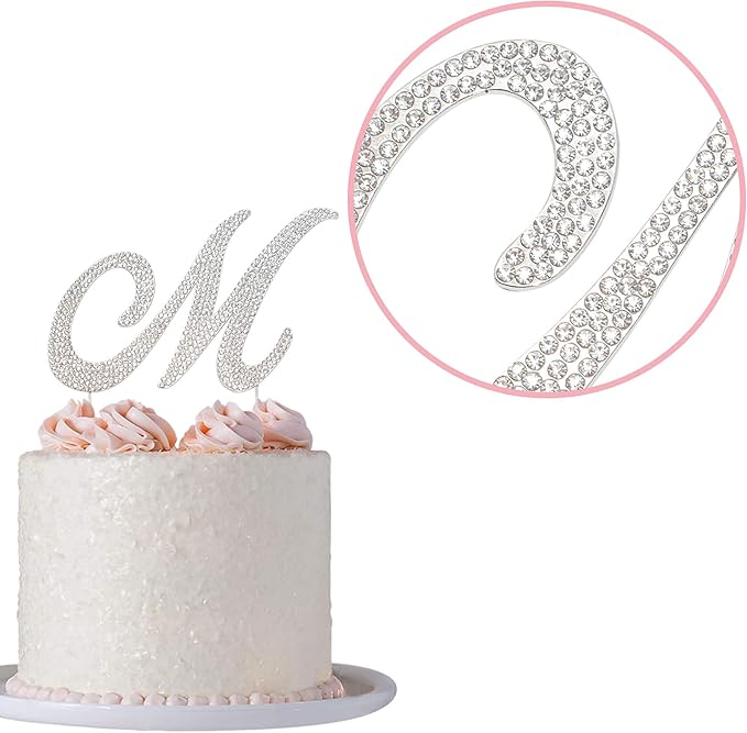 Letter M Cake Topper - Premium Silver Metal - M Monogram Wedding or Anniversary Party Sparkly Rhinestone Initial Decoration Makes a Great Centerpiece - Now Protected in a Box