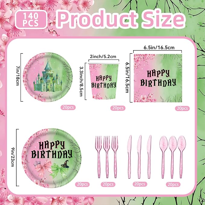 140pcs Pink and Green Witch Party Decorations Tableware, Witch Table Centerpieces Party Supplies, Tableware Set Paper Cups for Girls Birthday Party Decorations Severs 20 Guests