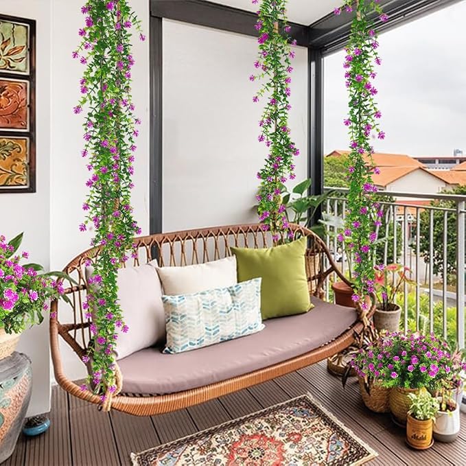 RECUTMS Hanging Garland Plants Artificial Flowers Fake Eucalyptus Greenery Garlands Leaf Garland with Flowers Hanging Faux Vine Plants for Spring Wedding Arch Backdrop Wall Decor 3 Pcs (Fuchsia)