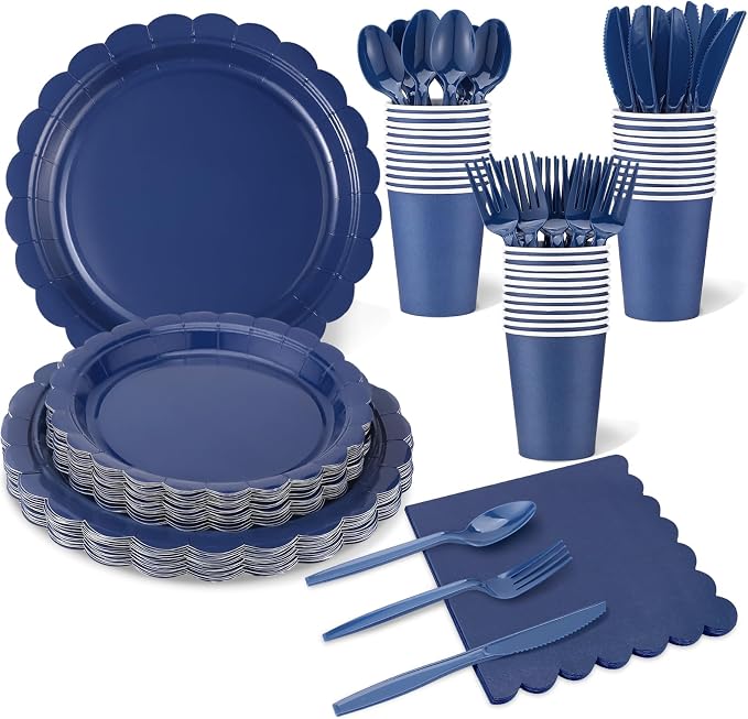 175 Pcs Navy Blue Plates and Napkins, 25 Guest Navy Blue Graduation Party Supplies Includes Scalloped Plates Napkins Cups Plastic Cutlery for 2026 Graduation, Birthday, Wedding, Picnic