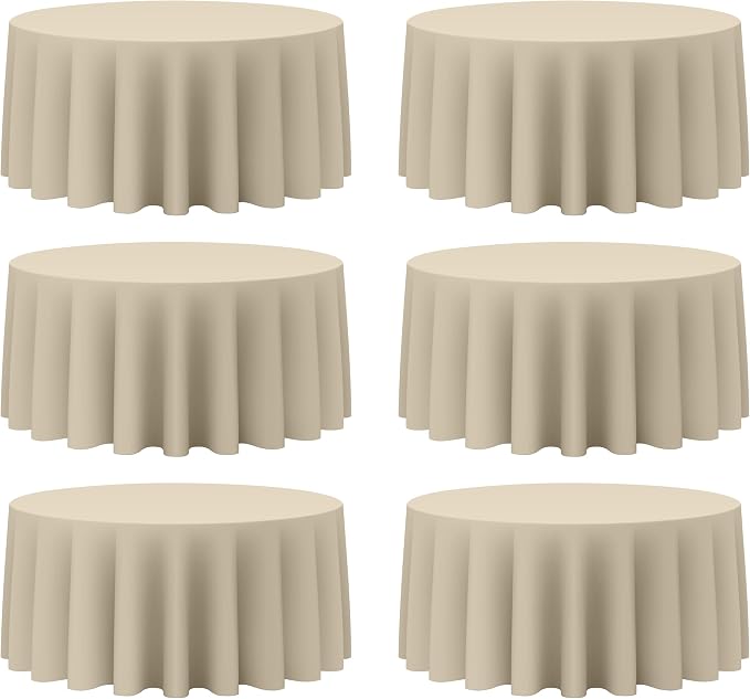 BRILLMAX 6 Pack Beige Round Tablecloths 132 Inch for 72” Tables - 150 GSM Polyester Fabric, Floor Length Drop, Water, Stain & Wrinkle Resistant Cloth Cover for Wedding Reception Banquet Dining