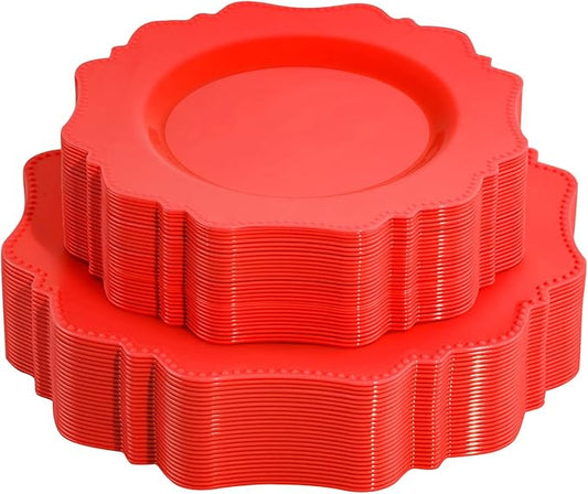 COLOSUS Disposable Plastic Plates 60Pcs, Christmas Red Plastic Party Plates, Heavy Duty 30 Dinner plate 10.5” and 30 Salad/Dessert Plate 8.25” for Christmas party dinner