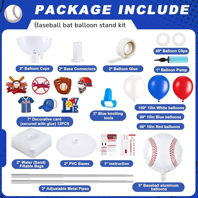 Gejoy 2 Sets Baseball Balloon Column Stand Kit with 253 Baseball Latex Balloons 7 Cards 6.5 ft Adjustable Towers Kit for Sports Theme Party Team Celebration Tournament
