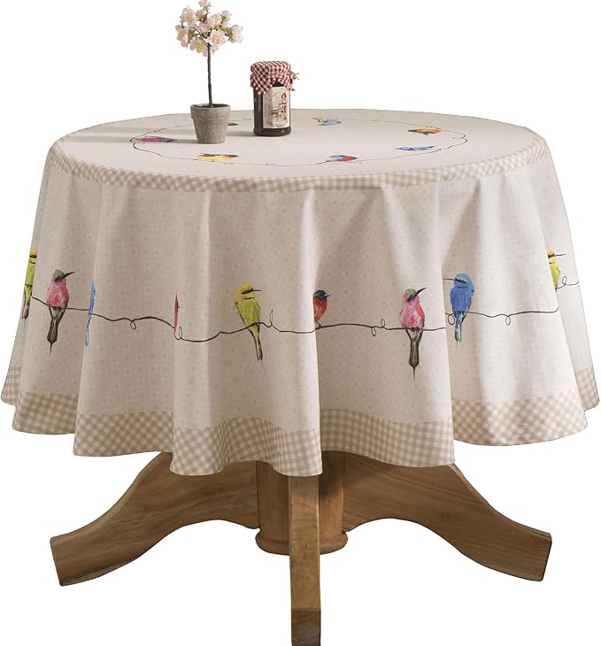 Maison d' Hermine Table Cloth Round Table 100% Cotton 69 Round Inches Tablecloth Reusable Decorative for Dining Kitchen Room Farmhouse Party Home Hotel Restaurant Spring Summer - Birdies on Wire
