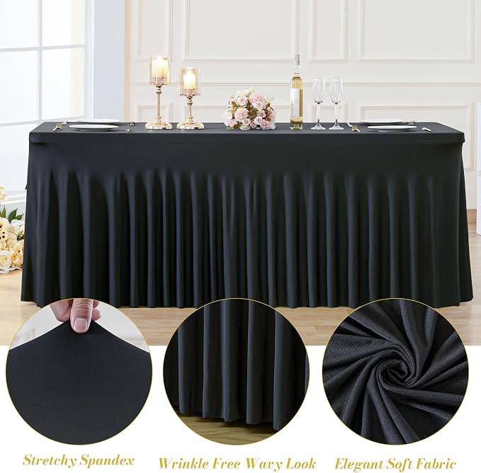2 Pack Black Table Cloth for 8 Foot Rectangle Tables Spandex Fitted Tablecloth 8ft Stretch Table Covers Skirt Black Banquet Tablecloths Wrinkle Free Tablecloth for Party Wedding Birthday Event