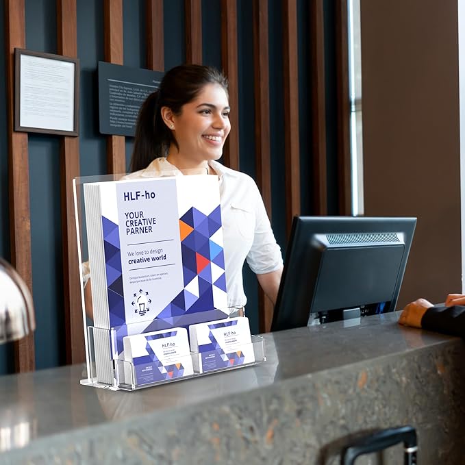Brochure Holder 8.5x11 Inch Acrylic Literature Holders Clear Flyer Display Stand with Business Card Slot Pamphlet Holder Multi Purpose Organizer for Office, Lobby, Hotels, Trade Shows, 2 Pack