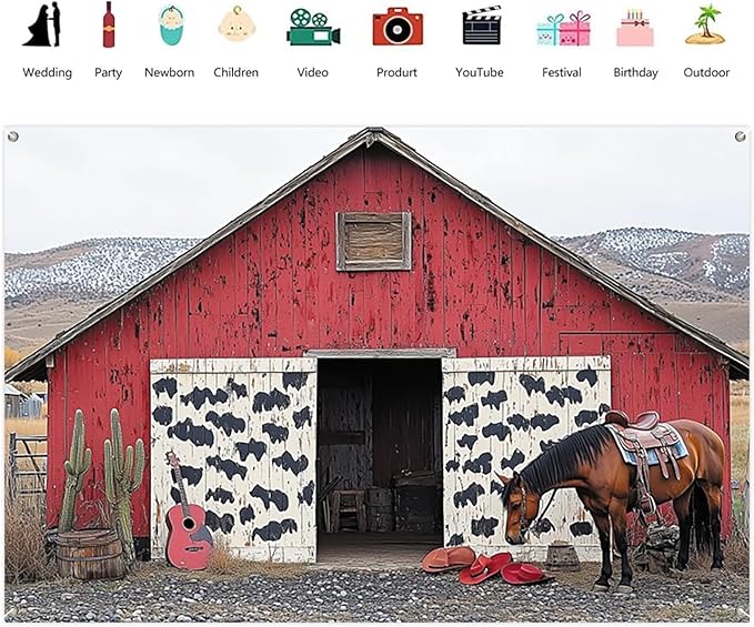 Leowefowa Western Valentine's Day Photo Backdrop 8x4ft Vintage Valentine's Day Theme Photography Backdrop Horse, Red House, Cactus, Cowboy Valentines Backdrops Valentine Photo Booth Props Vinyl