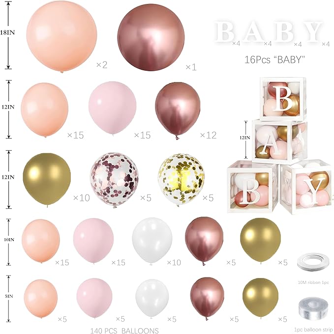 144Pcs Rose Gold Baby Shower Decorations for Girl - Pink Balloon Garland Arch Kit with 4 Baby Boxes - Metallic Gold Confetti Balloons for Princess Birthday, Bridal Shower Background