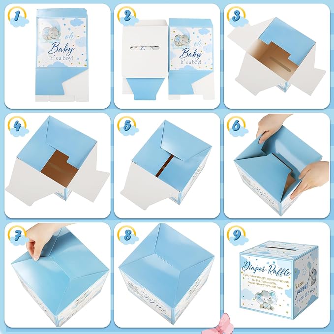 Teling 51 Pieces Diaper Raffle Tickets with Card Box Baby Shower Decorations Baby Shower Holder Box for Girl Boy Diaper Raffle Party(Blue Elephant)