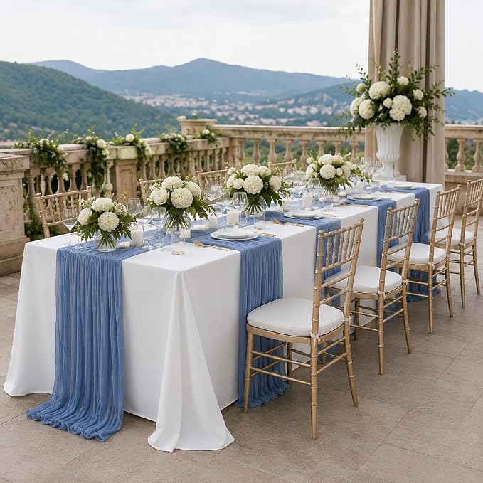 Cinrobiye 12 Pack Boho Wedding Table Decor Set, 6 White Tablecloths and 6 Cheesecloth Table Runners, Gauze Table Runner and Tablecloth Kit for Wedding Baby Shower Bridal Shower Party Reception(Blue)