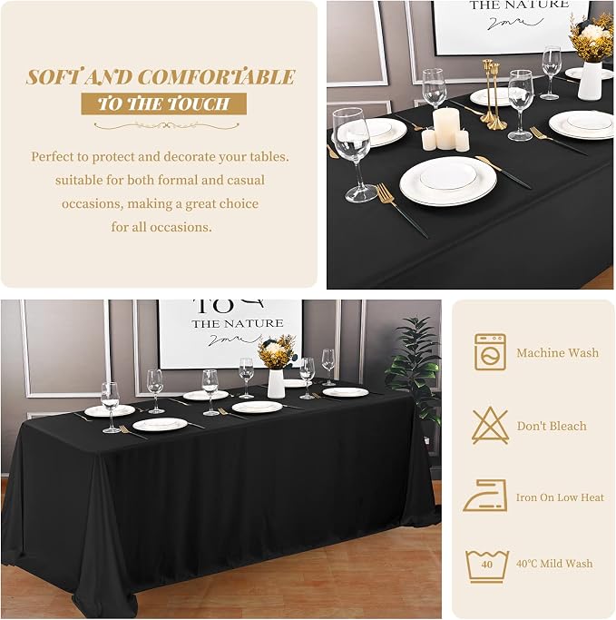 Showgeous 4 Pack Black Rectangle Tablecloth, 90 x 156 Inch, Wrinkle Resistant, Washable Polyester, Perfect for 8FT Tables, Weddings, Birthdays, Parties
