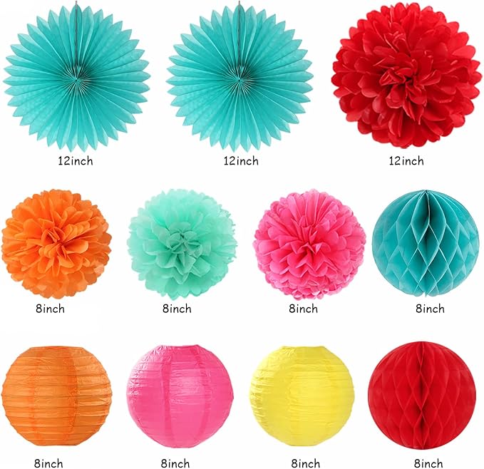 Summer Luau Hawaiian-Beach Party-Decorations Supplies - 21pcs Hello Banner,Pool Paper Lanterns Honeycomb,Hanging Streamers Garland,Tissue Pom Poms Flowers Fans,Tropical Outdoor Theme Decor Burgleda