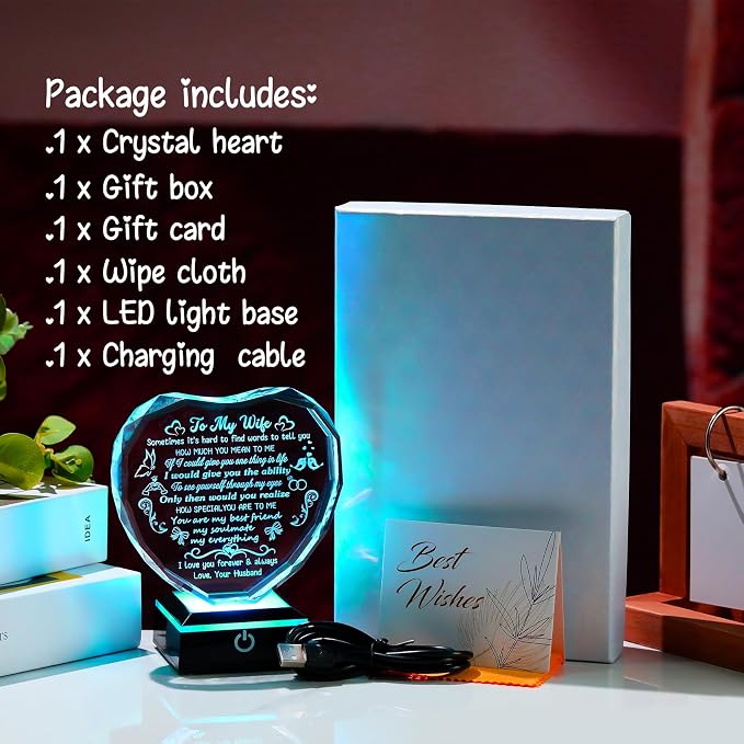 Arikyrist Romantic Gifts for Wife Heart Crystal Keepsakes to My Wife with LED Base Anniversary Birthday Gifts for Wife Her from Husband