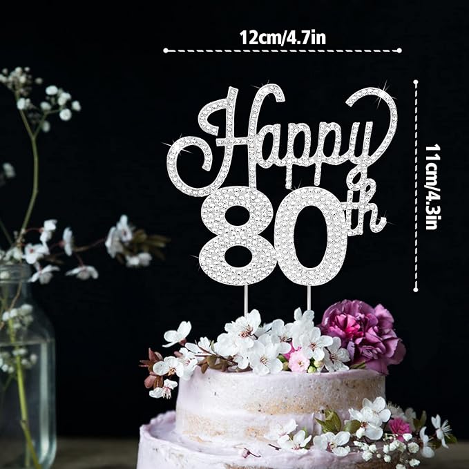 LINGTEER Happy 80th Birthday Silver Rhinestone Cake Topper - Cheers to 80th Birthday Eighty Years Old Anniversary Party Cake Centerpieces Topper Decorations Gift Sign.