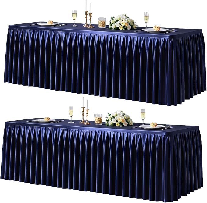 2 Packs Navy Blue Satin Tablecloths Rectangle 4FT,Glitter Spandex Fitted Stretch Table Covers Wrinkle-Resistant Floor Length Shimmer Pleated Table Skirt for Wedding Parties Baby Shower Banquets