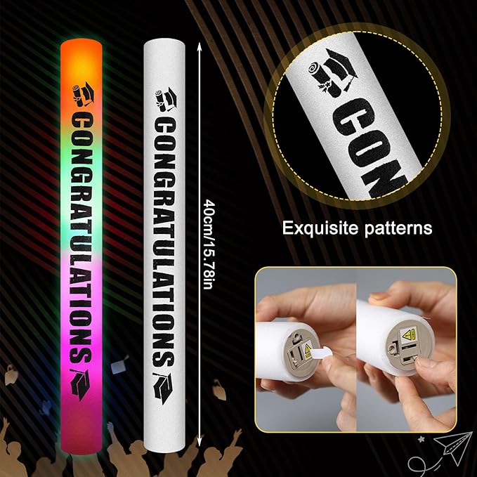 Huquary 50 Pcs Graduation Party Favors LED Foam Light up Sticks Bulk, Glow in The Dark Graduation Party Supplies with 3 Modes Colorful Flashing for Congratulation Grad Celebration Decoration(Black)