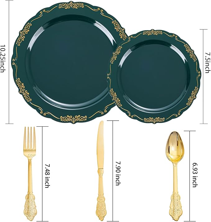 DaYammi 150Pcs Green Plastic Plates with Gold Silverware,Green Disposable Plates for Party include 30 Dinner Plate,30 Dessert Plate,90 Gold Plastic Cutlery,green gold plate for Party Dinner